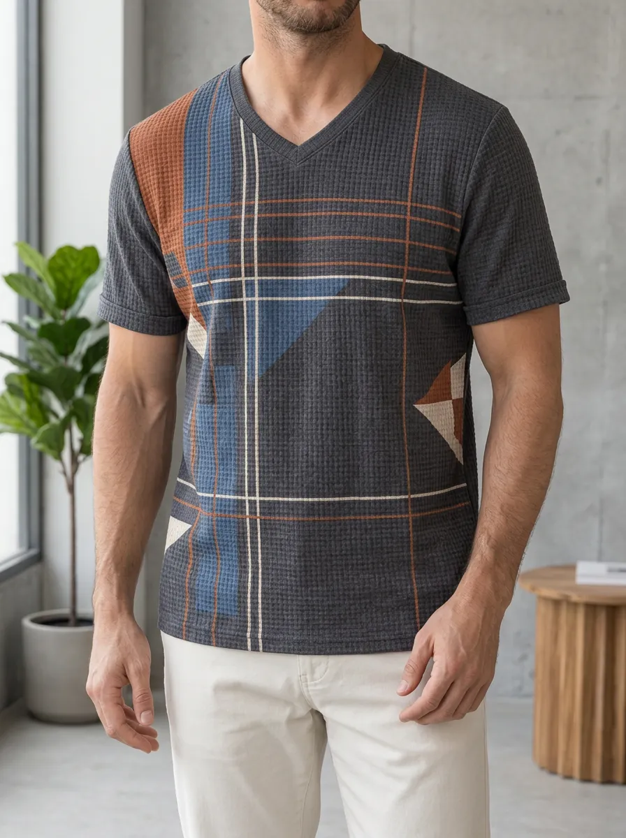 Men's Dynamic Geometric Plaid Waffle Knit V-Neck T-Shirt