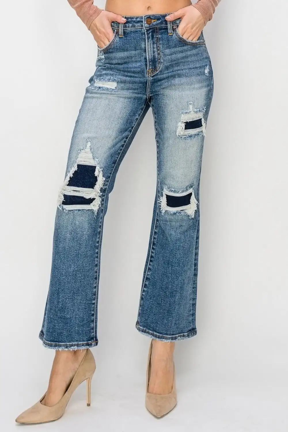 Smooth High Waist Flare Leg Distressed Denim Jeans