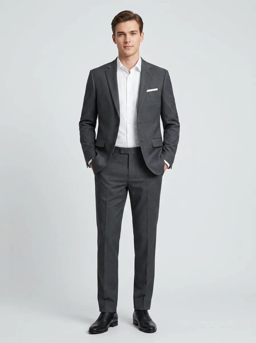 Men's Two Button Business Formal Charcoal Grey Solid Tailored Suit