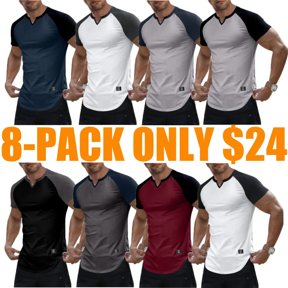 Mens Muscle Slim T Shirt V-Neck Henley