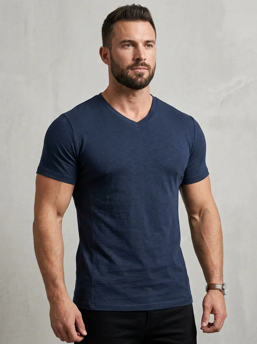 Casual Ribbed V-Neck Silhouette Men's Slim Fit Short Sleeve T-Shirt