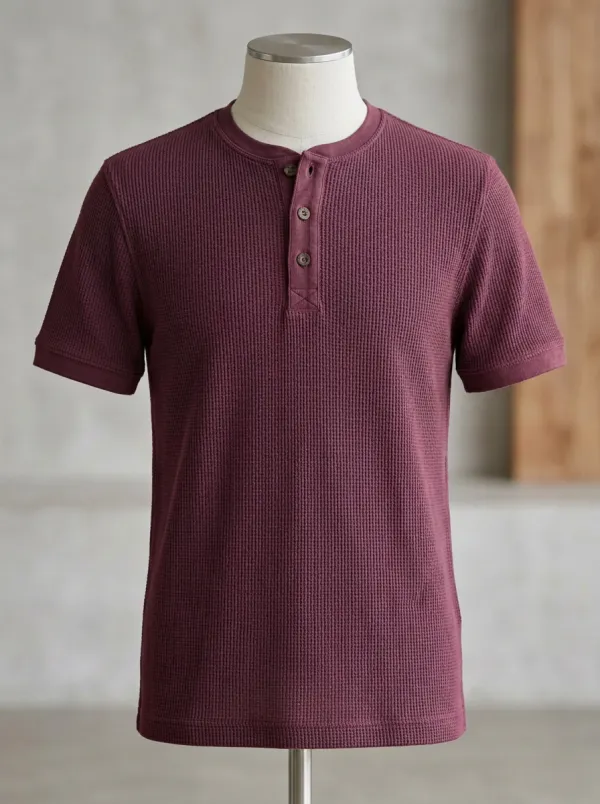 Men's Classic Waffle Knit Minimal Henley Shirt