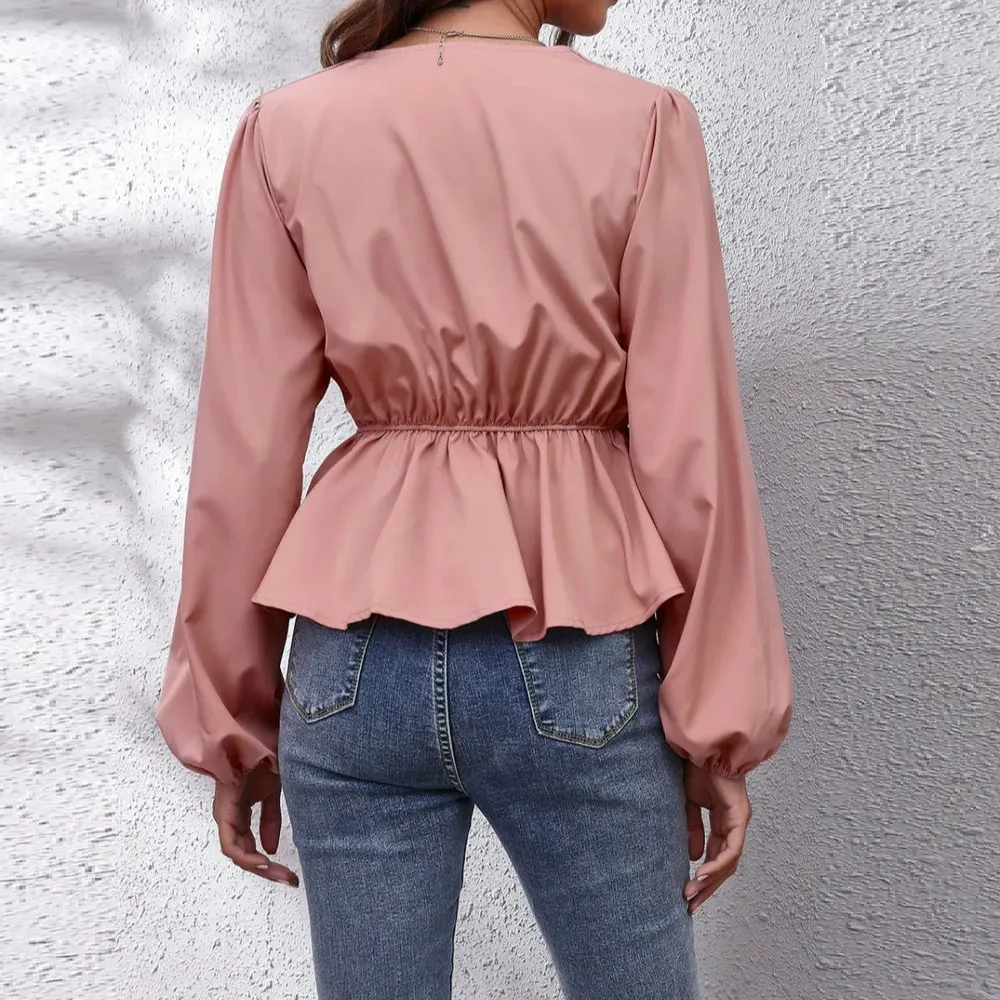 V-Neck Balloon Sleeve Peplum Blouse