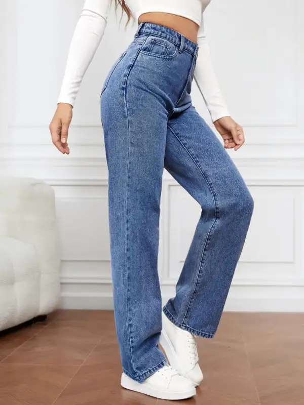 High Waist Straight Leg Washed Denim Jeans