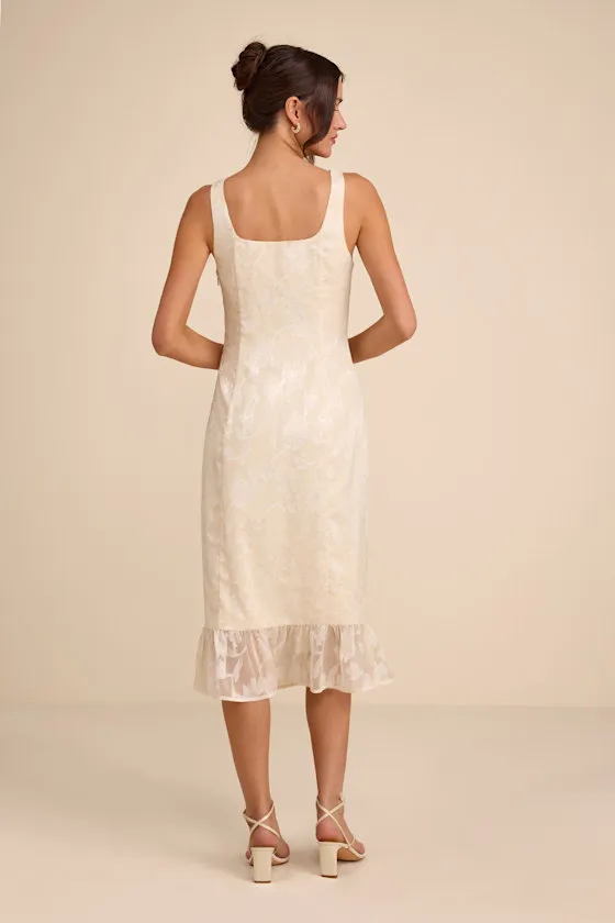 Elani Ivory Floral Burnout Trumpet Midi Dress