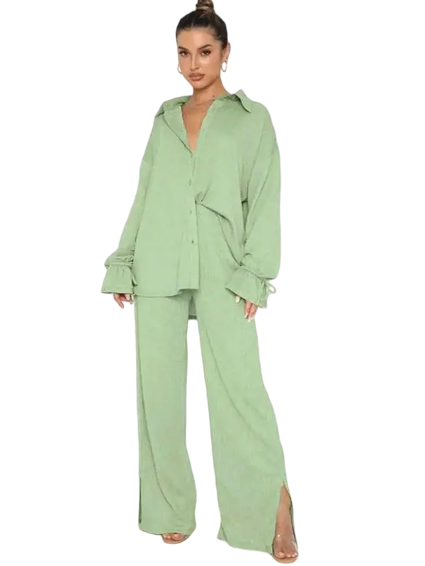 Women's Button-Front Shirt & Split-Hem Pants Set - Flounce Sleeve Top & Wide-Leg Trousers