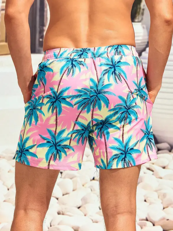 Men's Pocket Coconut Tree Print Drawstring Beach Shorts