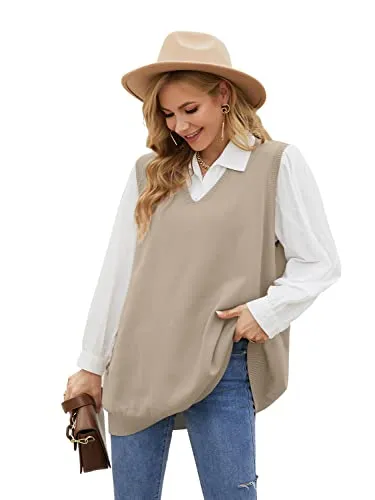 Sweater Vest Womens Knitted Oversized V Neck Sleeveless Sweater Knitwear Tank Tops with Pocket (S-3XL)