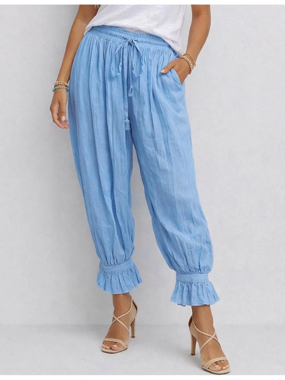 Elastic Waist Drawstring Ruffle Hem Lantern Pants