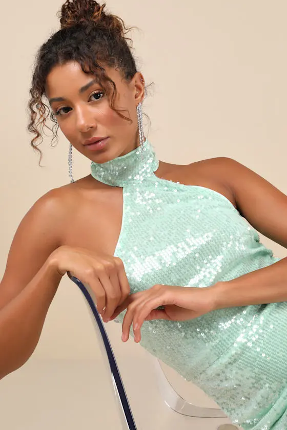 Sensational Purpose Mint Sequin Halter Tulip Mini Dress