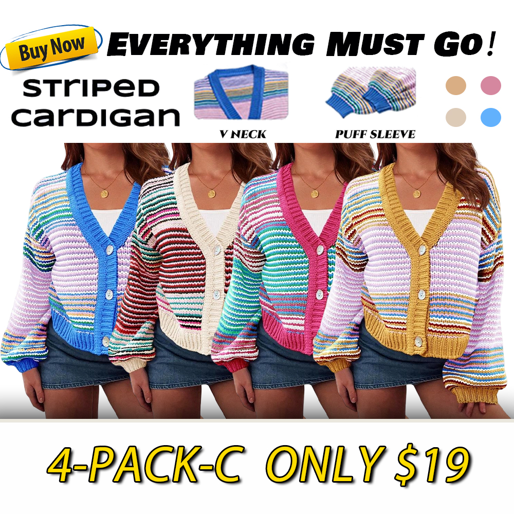 Womens Striped Cardigan Sweaters Oversized Puff Sleeve Button Up V Neck Color Block Knit Sweater Coat