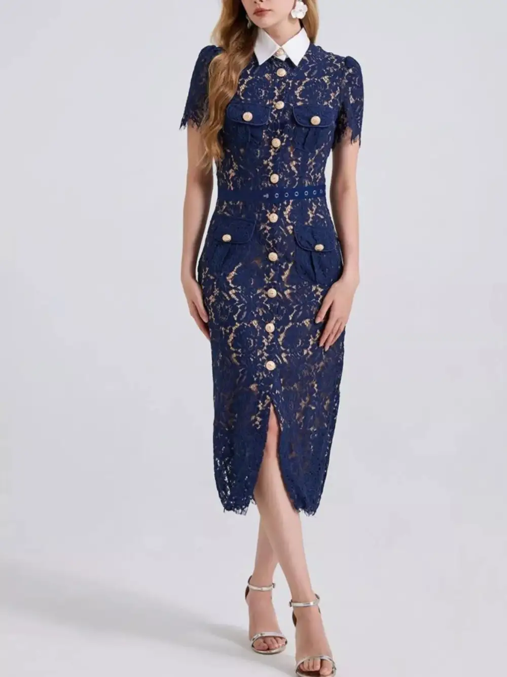 Lace Button Front Midi Dress