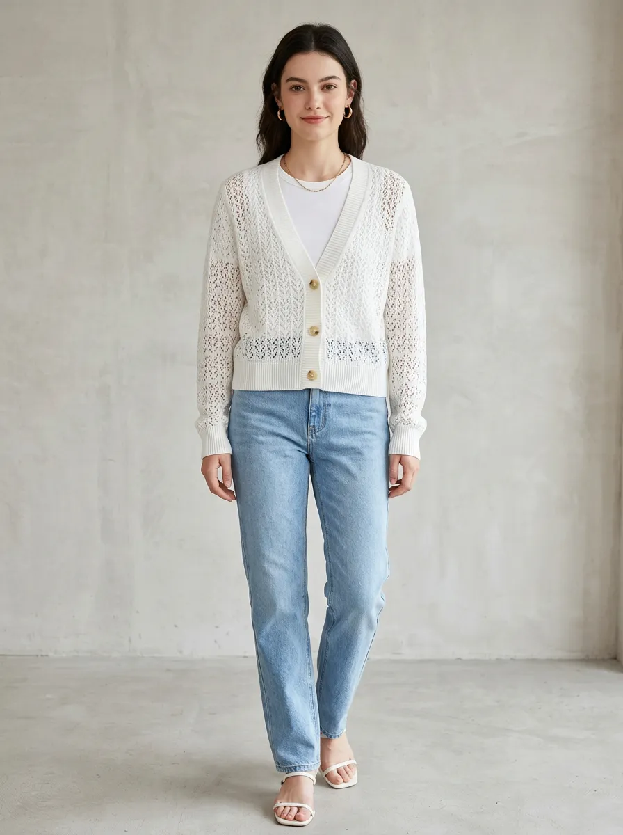 Women's Casual V-Neck Crochet Knit Buttoned Cardigan