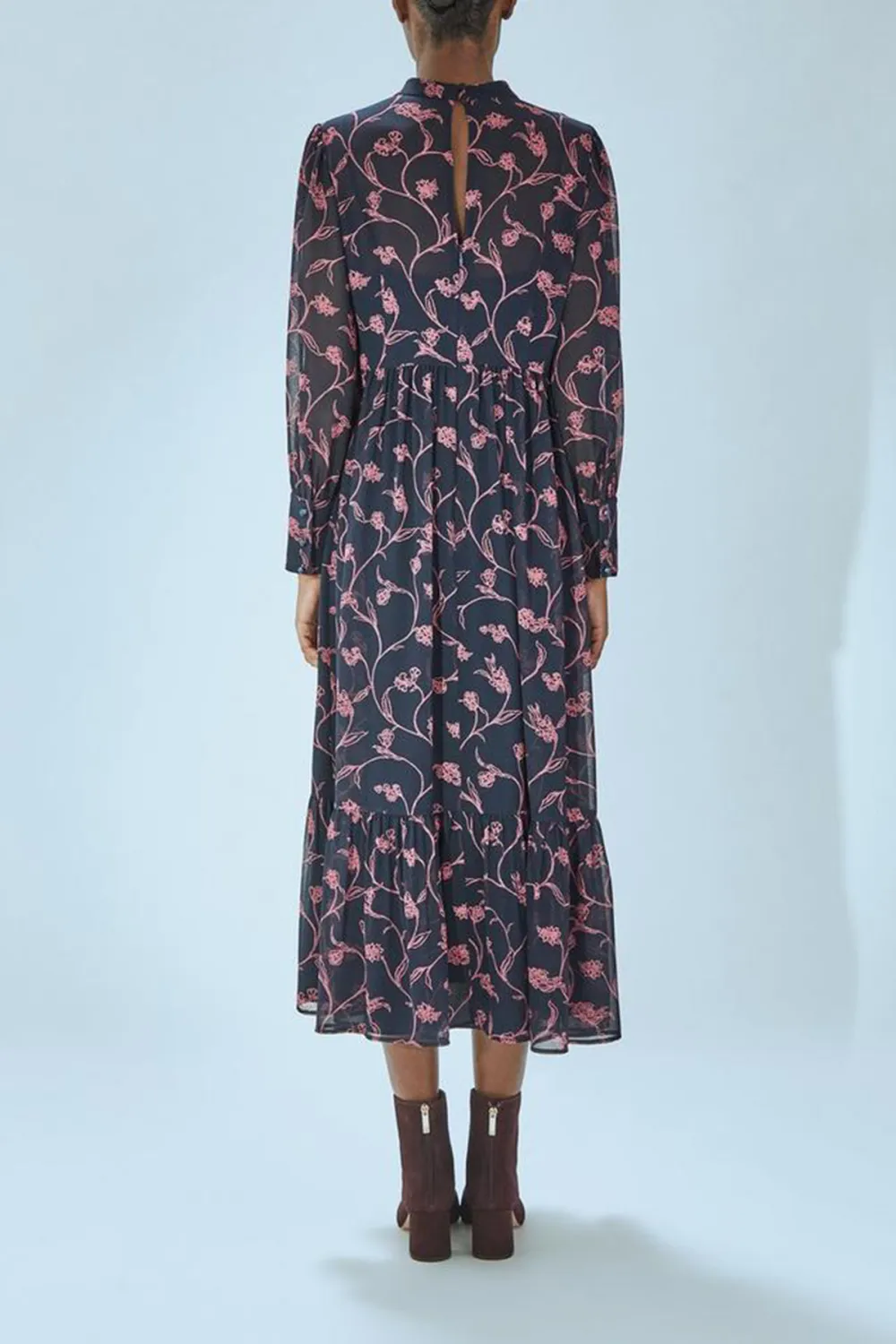 Navy Blue Floral Print Long Sleeve Midi Dress