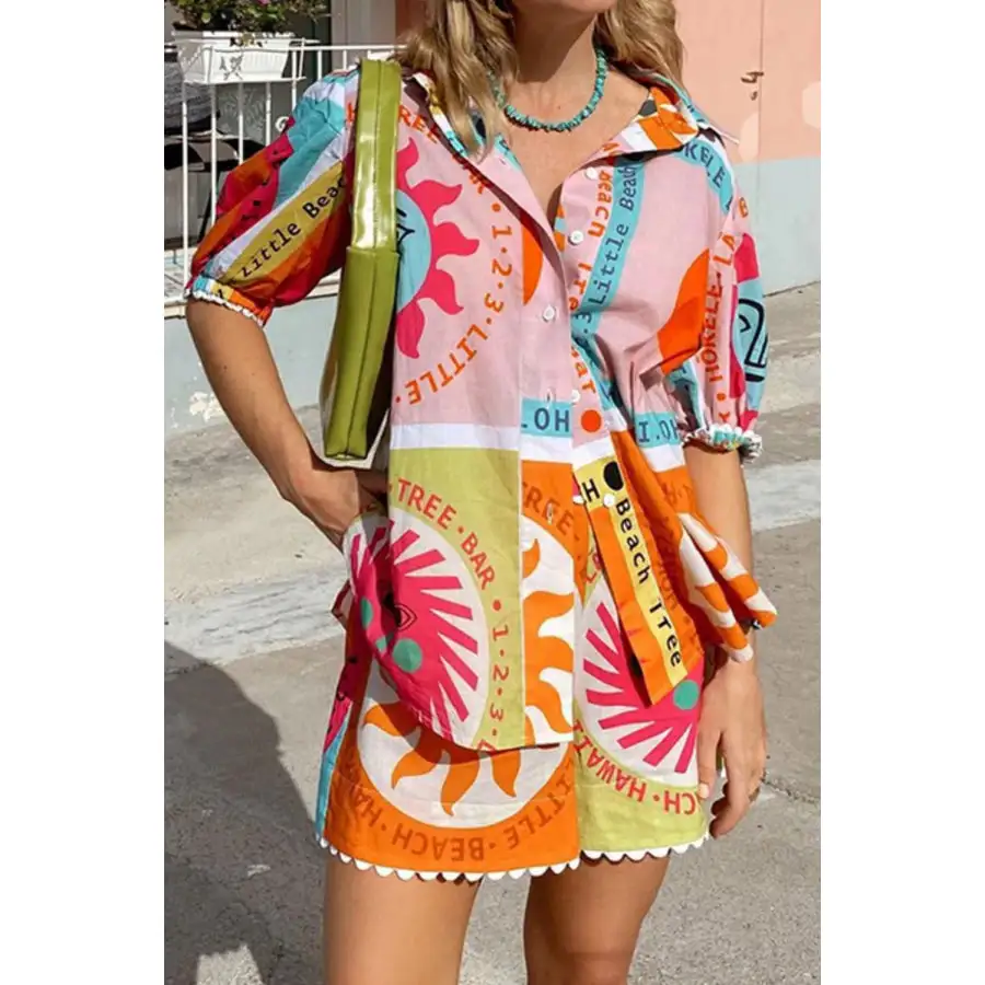 Everyday Printed Button Down Shirt and Shorts Set