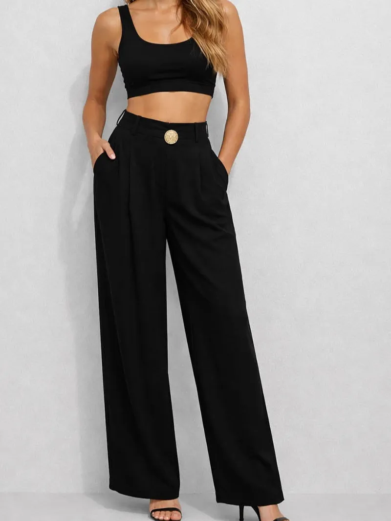 Chic Irregular Metal Buckle Waist Wide Leg Pants