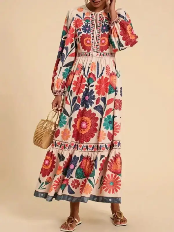 Floral Tie Waist Long Sleeve Dress Casual