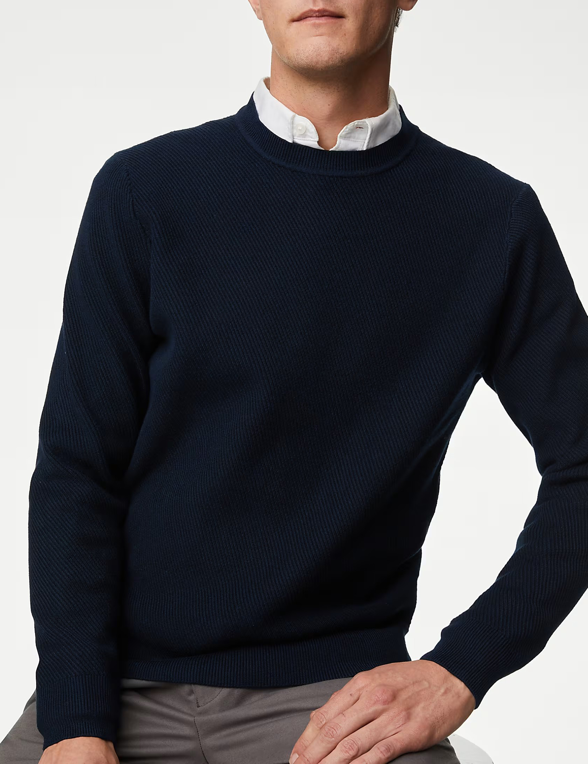 Men's Navy Textured Crew Neck Cotton Jumper