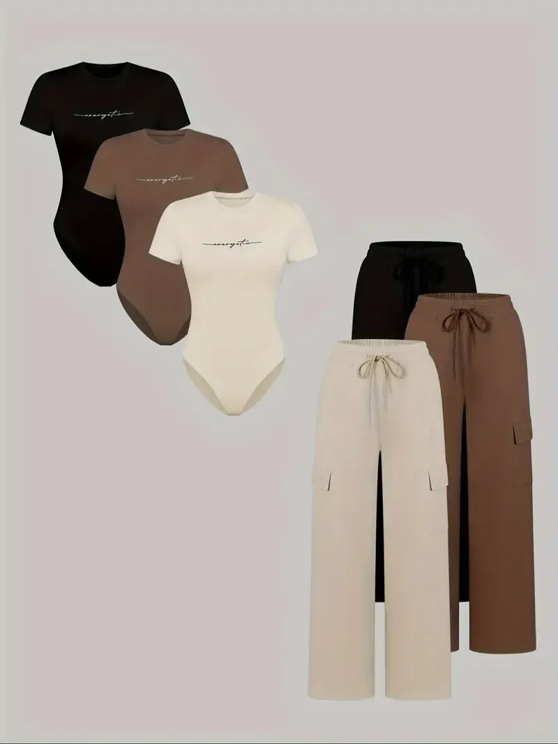 (3-SETS)Women'S Casual  Print Short Sleeve Round Neck TightJumpsuit And Waist Tie Wide Leg Pants With Pockets Set