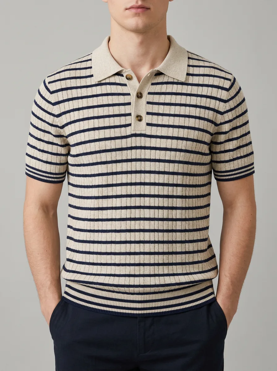 Men's Casual Vintage Navy Striped Ribbed Knit Polo Shirt