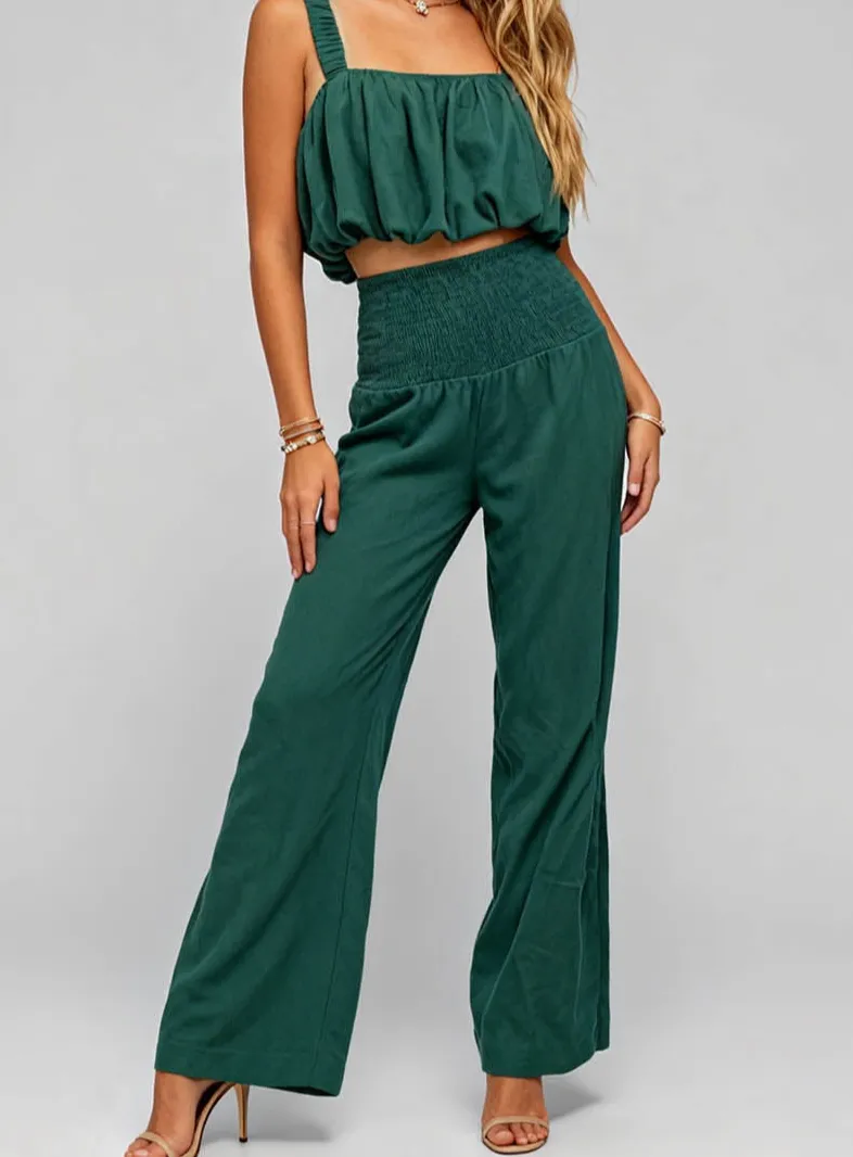 Solid Color Elastic Waist Smocked Wide Leg Pants
