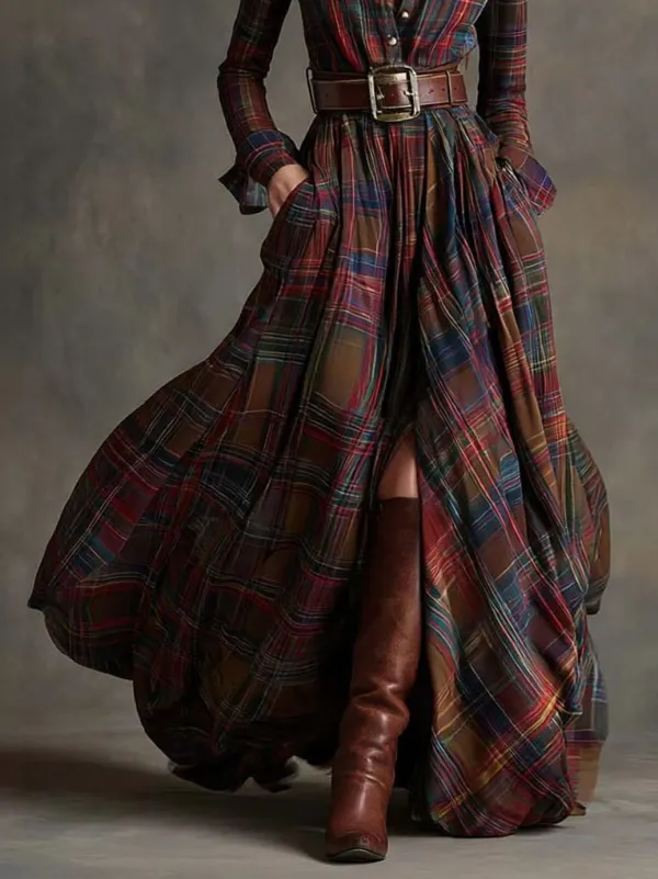 Retro Lapel Plaid Single Maxi Dress