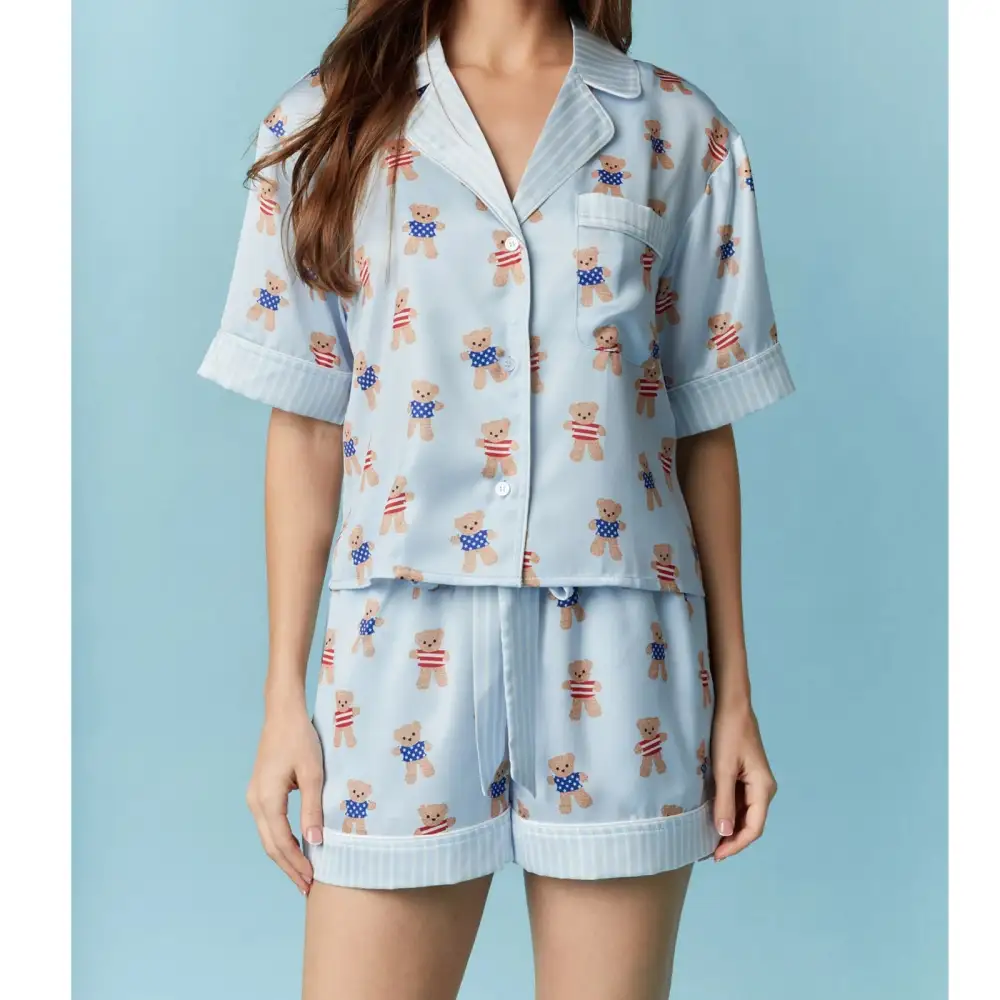 Bear Print V Neck Short Sleeve Top with Shorts Lounge Wear Set