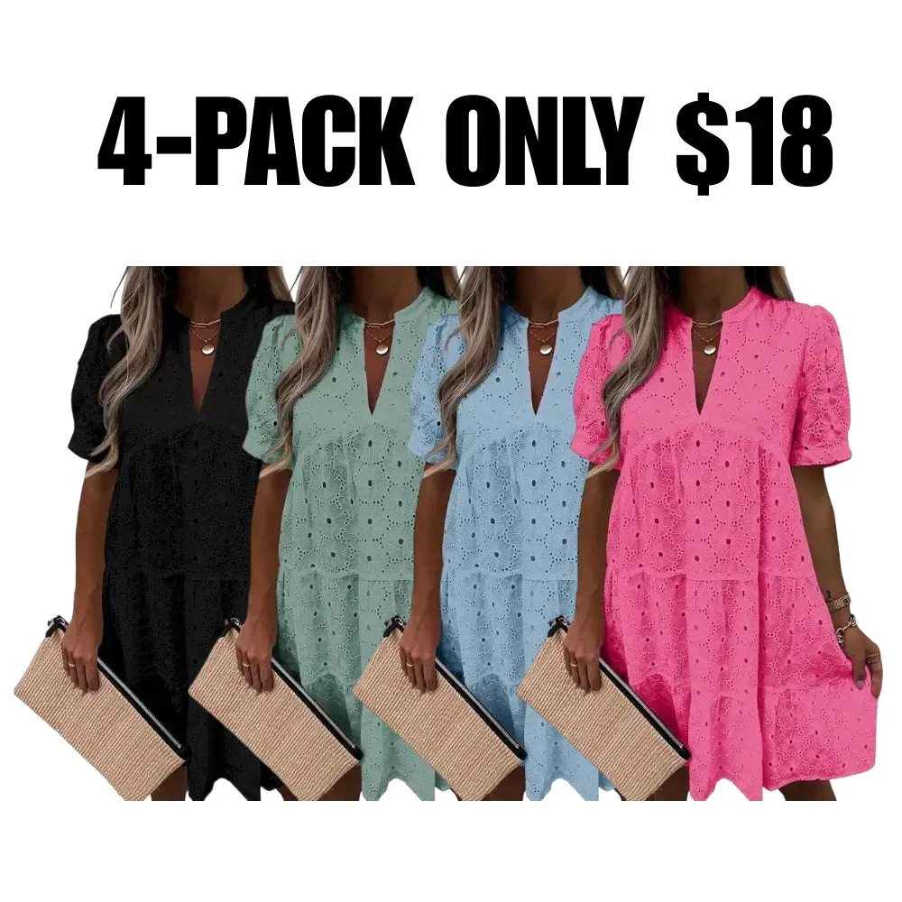 Flowy Lace Dresses Short Sleeve V Neck Tunic Dress
