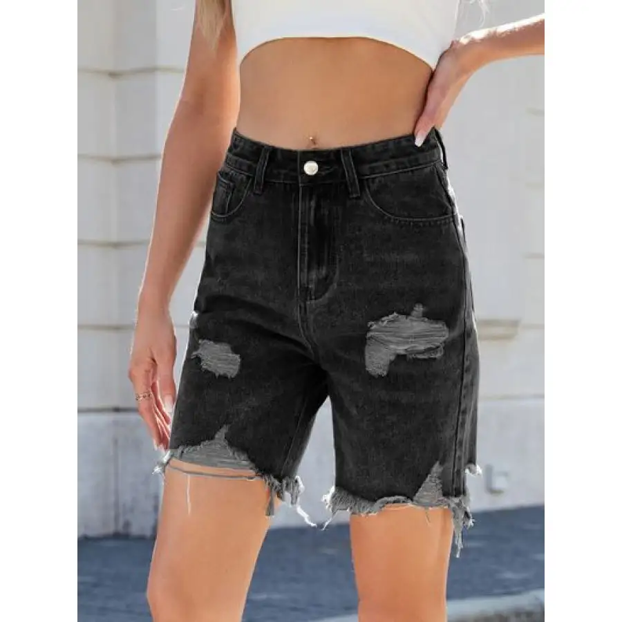 Versatile Distressed Raw Hem Denim Shorts