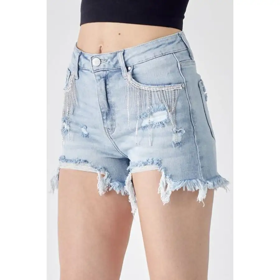 Frayed Hem Denim Shorts with Fringe Detail Pockets