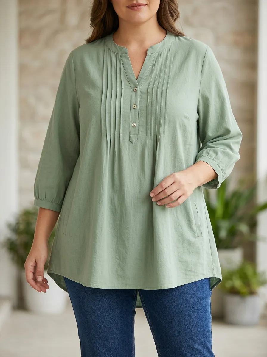Women's Plus Size Sage Green Pleated Button-Down Blouse