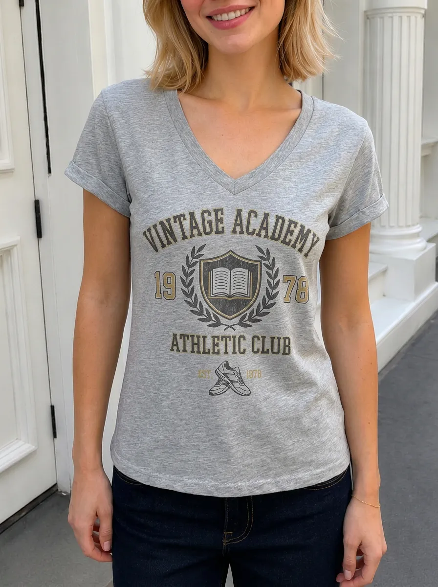 Women's Vintage Academy Athletic Club Book Shield Printed V-neck T-shirt