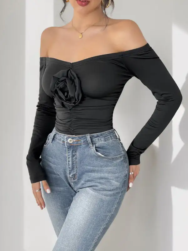 Shoulder Jumpsuit Flower One Slim Bodysuit