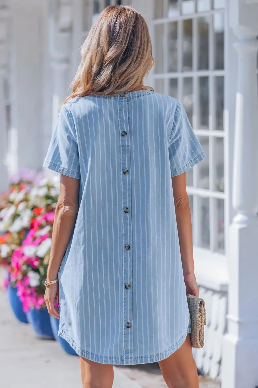 Stripe Buttoned Back T-Shirt Denim Mini Dress