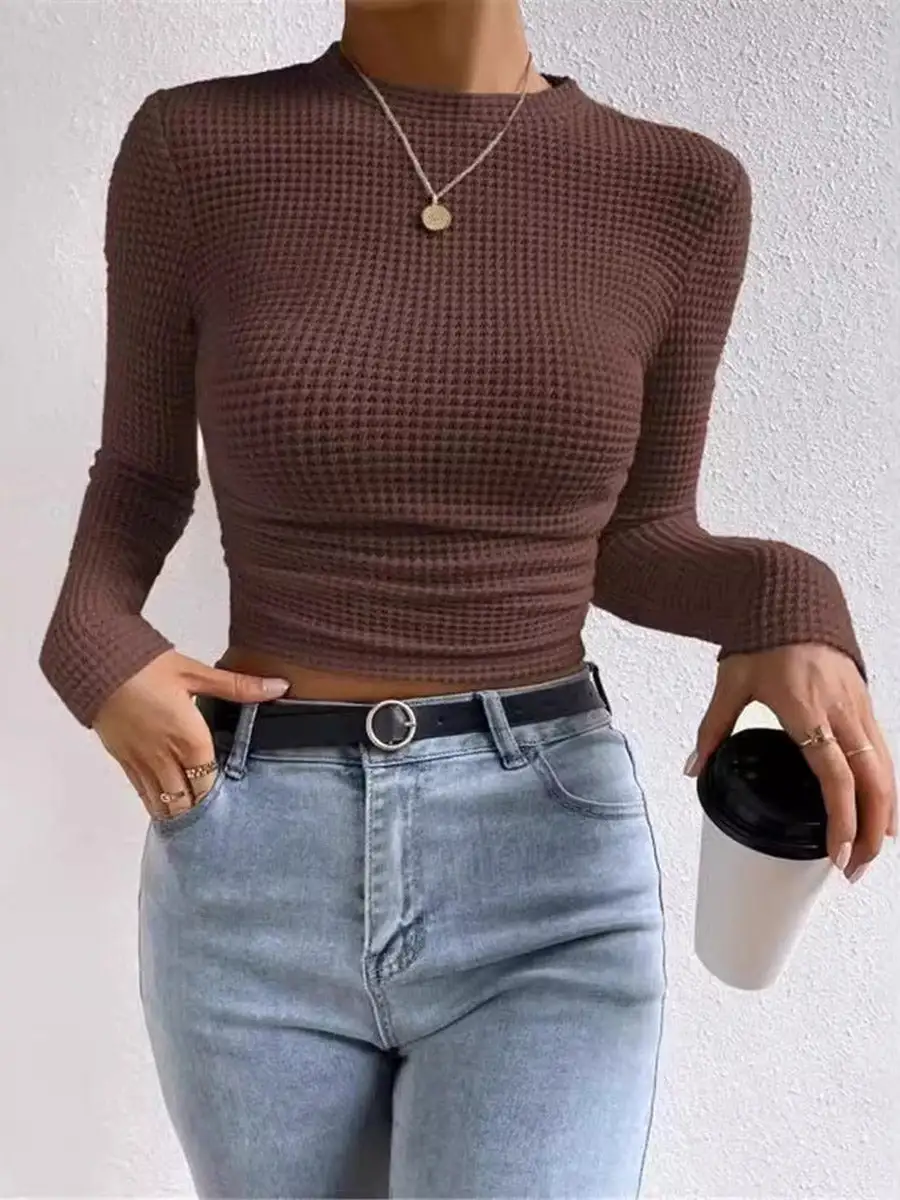 Long Sleeve Slim Fit Pleat Detail Panel Detail Textured Waffle Check Round Neck T-Shirt