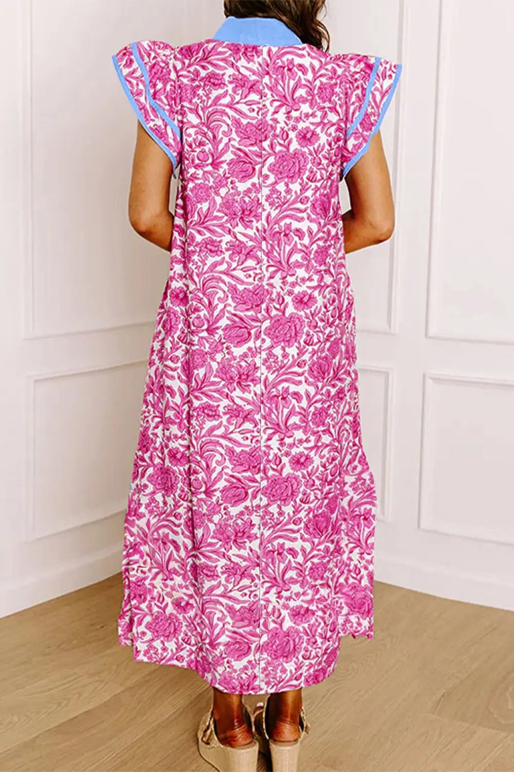 Drape Floral Patchwork V Neck Midi Dress