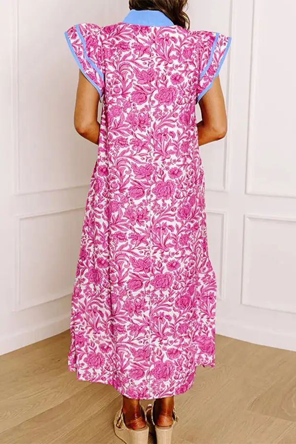 Drape Floral Patchwork V Neck Midi Dress