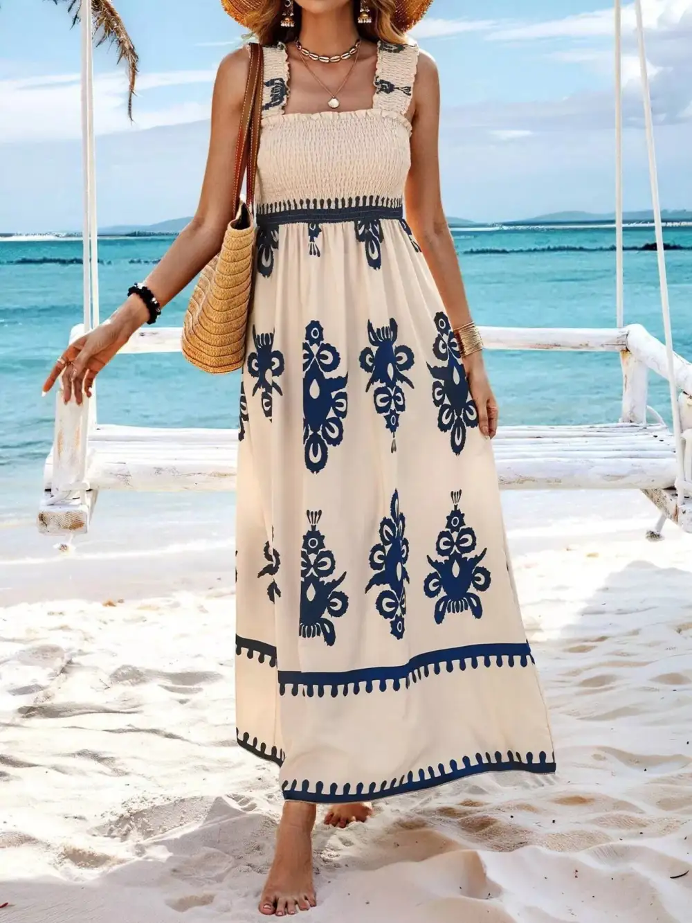 Printed Square Neck Smocked Maxi Dress