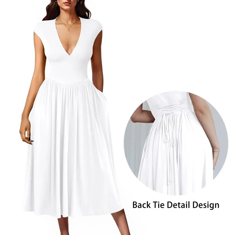 5PACK-Women'S Summer Casual Deep V NeckMidi Dress