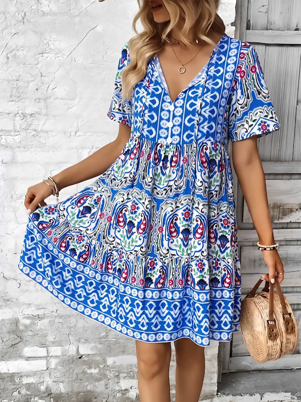 Boho-Print V-Neck Loose Fitting Mini Dress