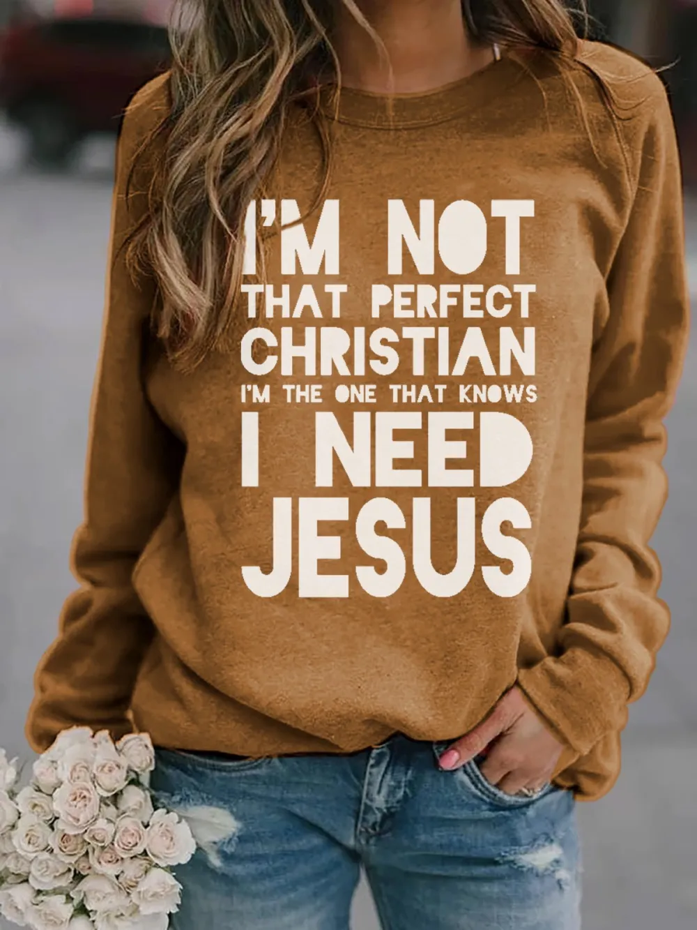 Women's Faith Christian I Need Jesus Print Sweatshirt