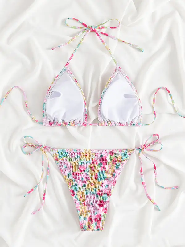 Stretchy Pleated Coordinated Bikini Top Swim Set