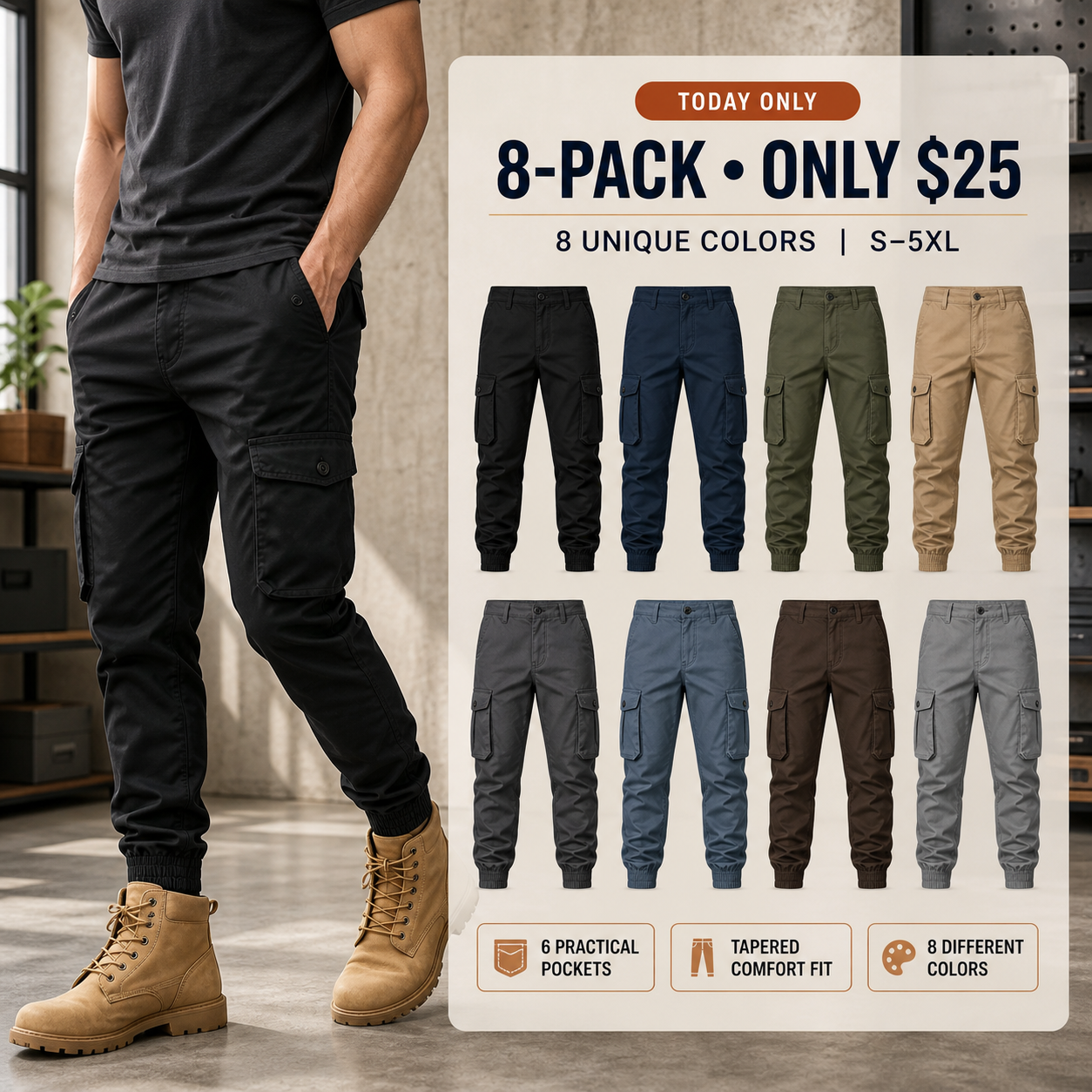 8-pack men's multi-pocket cargo jogger pants in eight unique colors