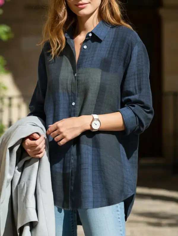 Long-Sleeved Plaid Irregular Shirt