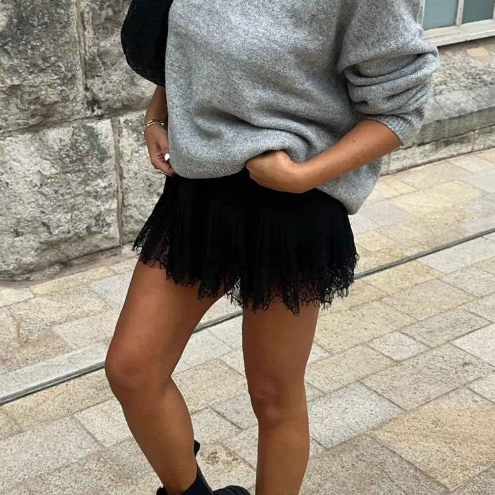 Pleated A-Line Lace-Trim Skirt