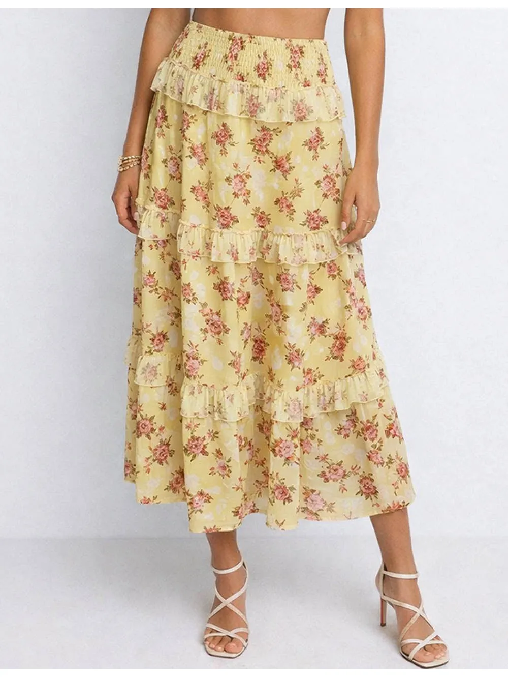 Smocked Waist Tiered Ruffle Midi Skirt