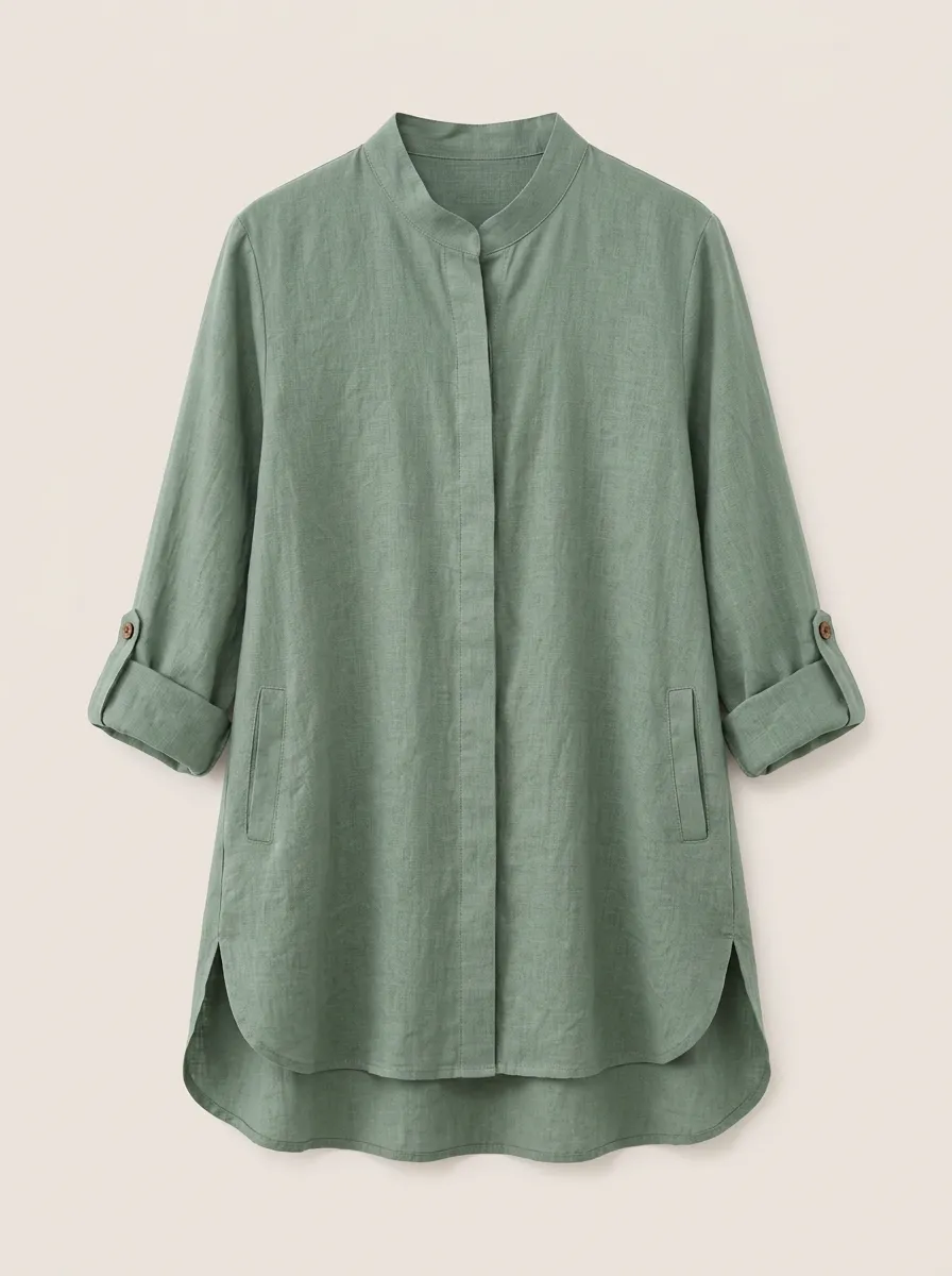 Women's Casual Sage Green Linen Blend Roll-Tab Sleeve Shirt