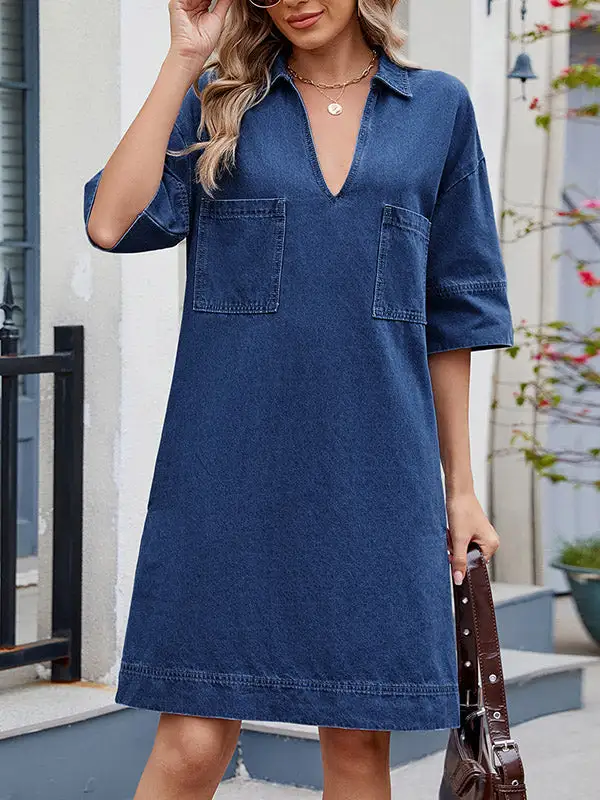 A Line Relaxed Pocket Solid Color Lapel Mini Dress