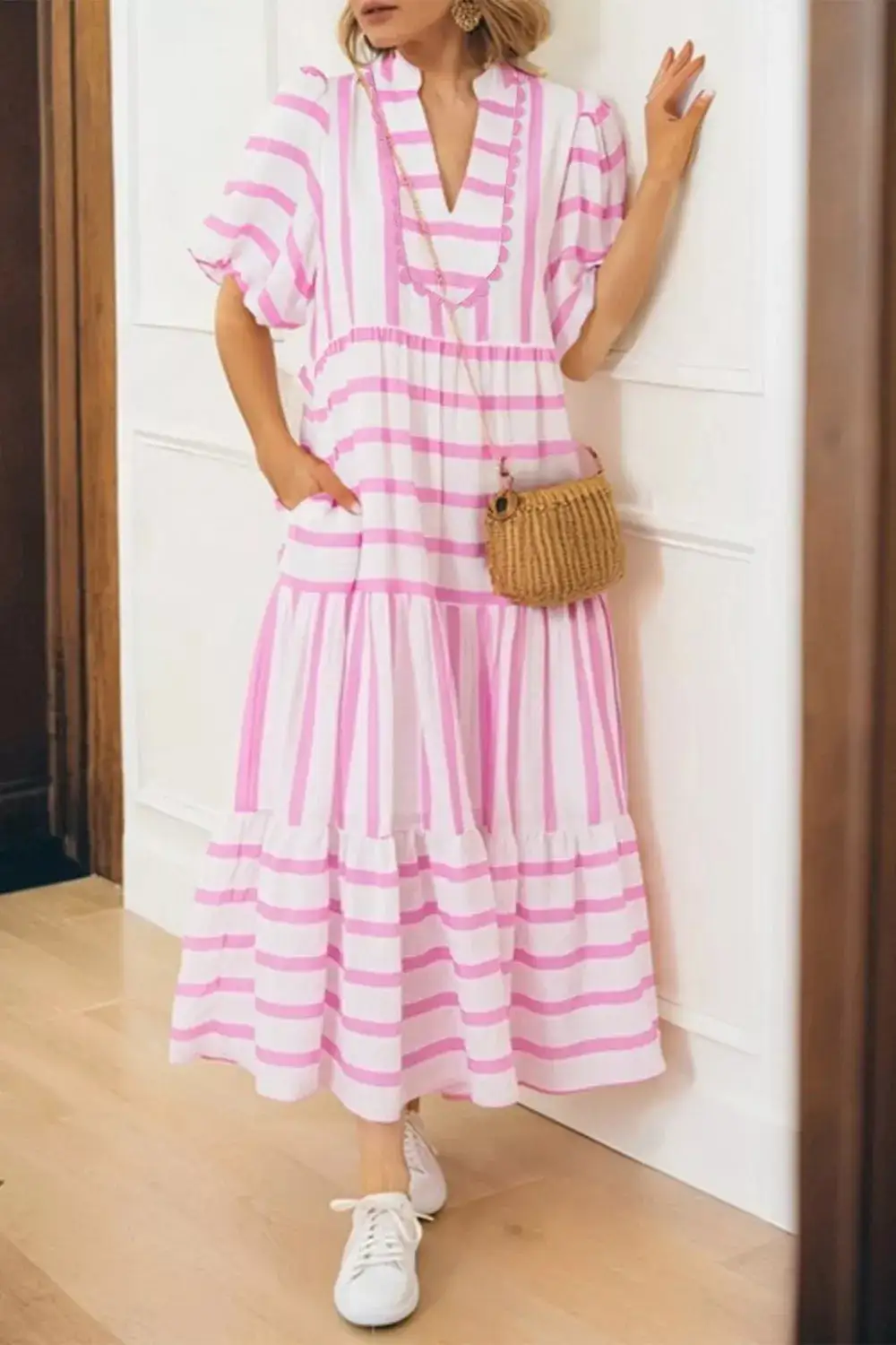 Striped Split Neck Short Sleeve Dress Casual