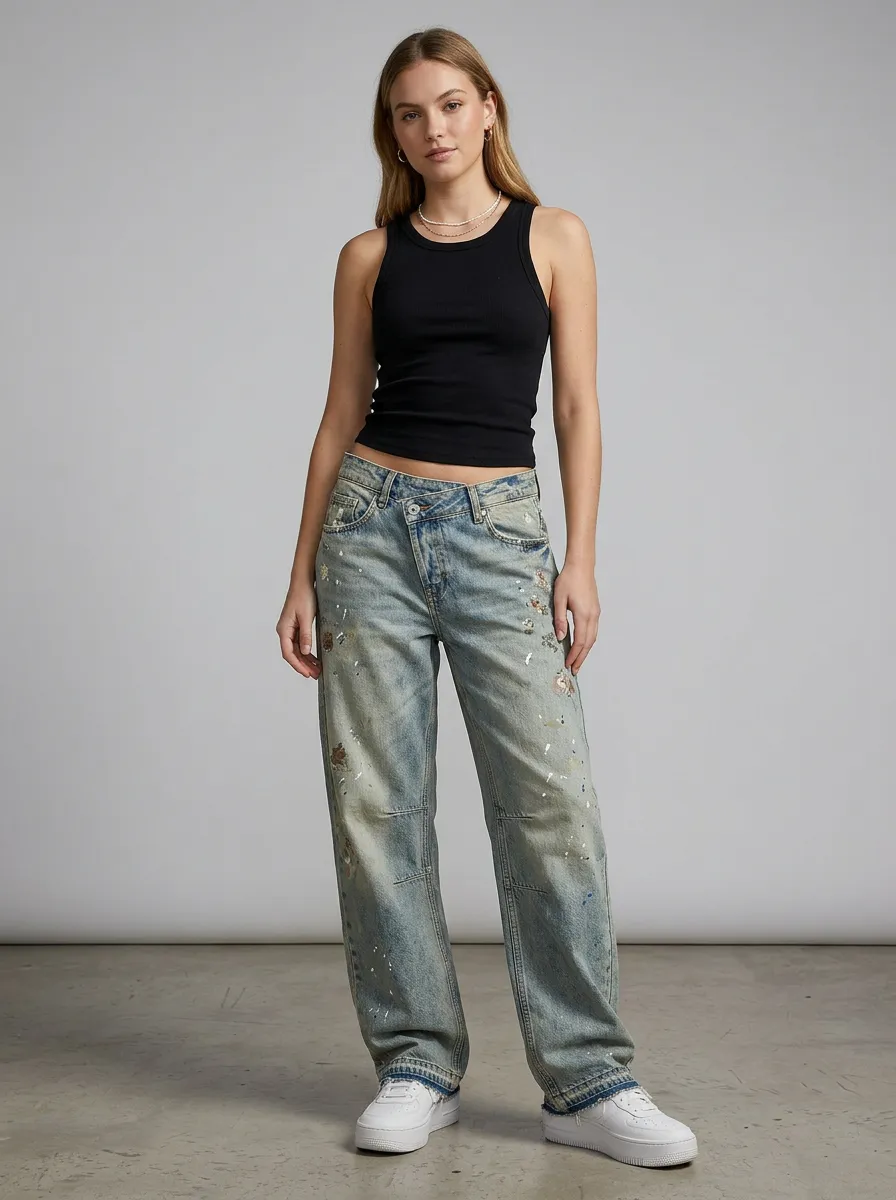 Women's Vintage Distressed Paint Splatter Printed Jeans